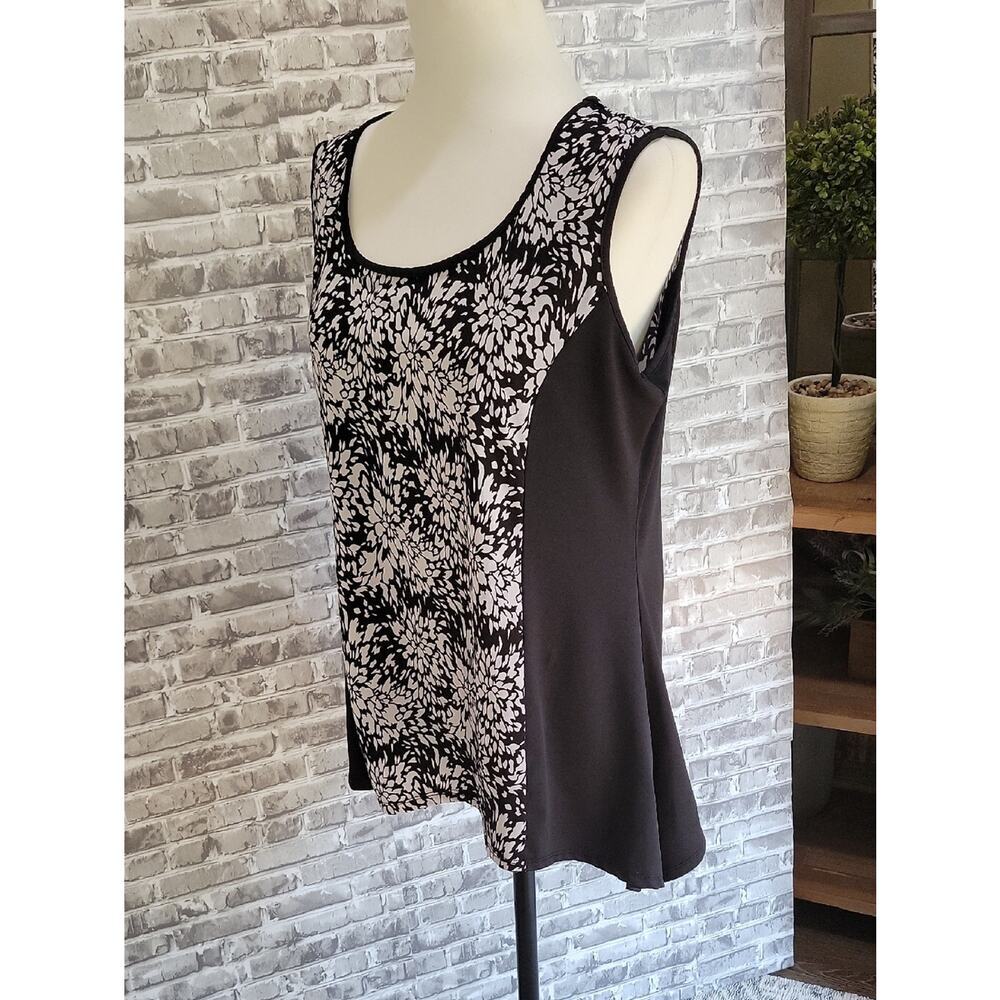 Notations Sleeveless Top, Womens L,  Black and White Floral Panel Slinky Knit